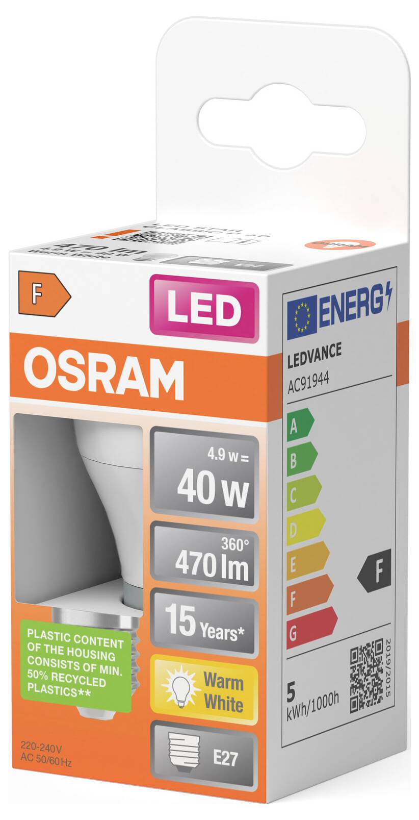 Boîte d'ampoule LED OSRAM présentant une ampoule E27 blanc chaud de 4,9 W, équivalent 40 W, 470 lm avec étiquette d'efficacité énergétique F.