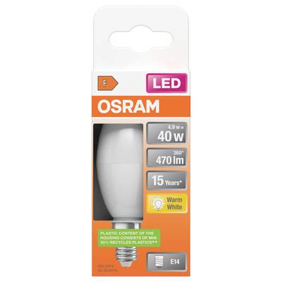 Ampoule LED OSRAM emballage marqué 40W, 470 lm, blanc chaud, E14, avec réclamation de durée de vie de 15 ans et note de contenu plastique.