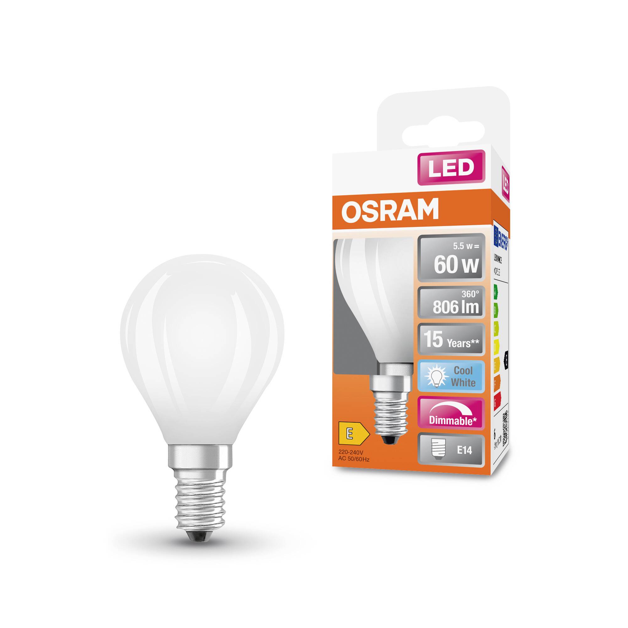 Ampoule LED Osram, E14, 5,5 W, 806 lm, dimmable, lumière blanche froide, avec emballage. Classe d'efficacité énergétique E, durée de vie de 15 ans.