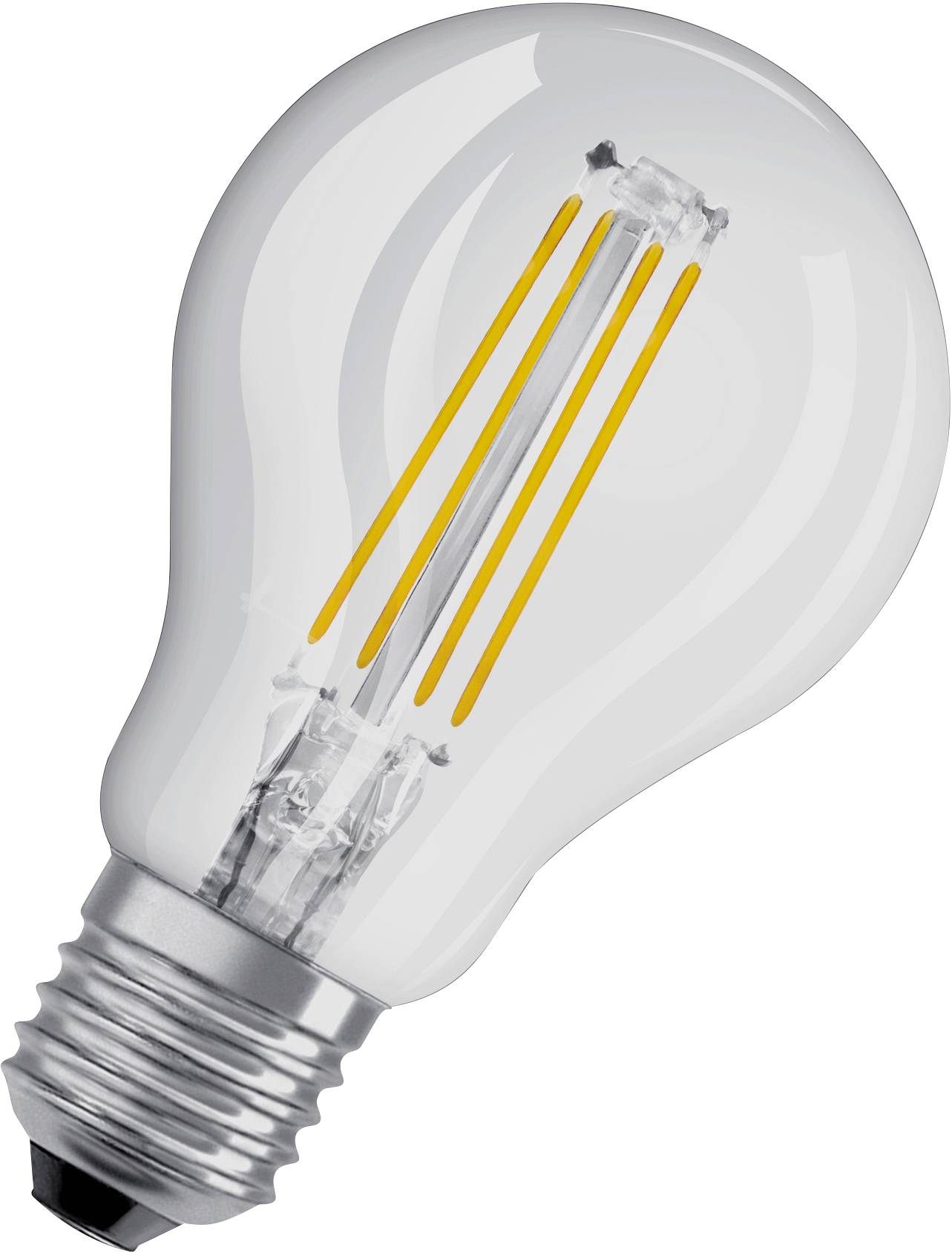 Une ampoule classique avec des filaments visibles et une douille à vis, représentée sur un fond blanc.