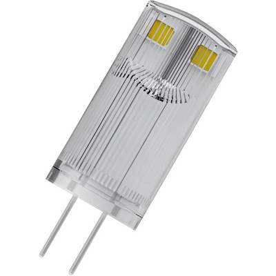 Ampoule à culot à deux broches, corps cylindrique en verre transparent, avec des bandes lumineuses jaunes visibles à l'intérieur.