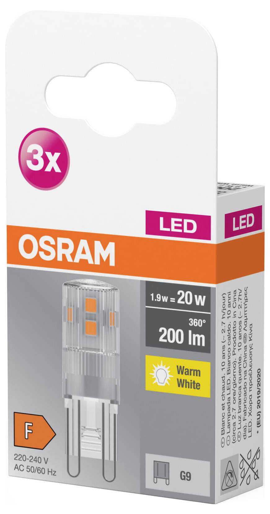 Lampe LED OSRAM, lot de 3, 1,9W remplaçant 20W, 200 lumens, blanc chaud, 220-240V, classe d'efficacité énergétique F, pour douille G9.