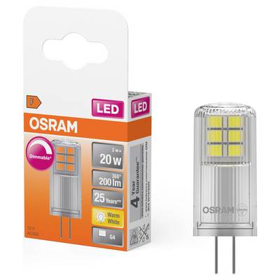Une ampoule LED variable de Osram dans son emballage. Elle consomme 2 W, équivaut à 20 W, offre 200 lm, un angle de diffusion de 360° et une durée de vie de 25 000 heures.