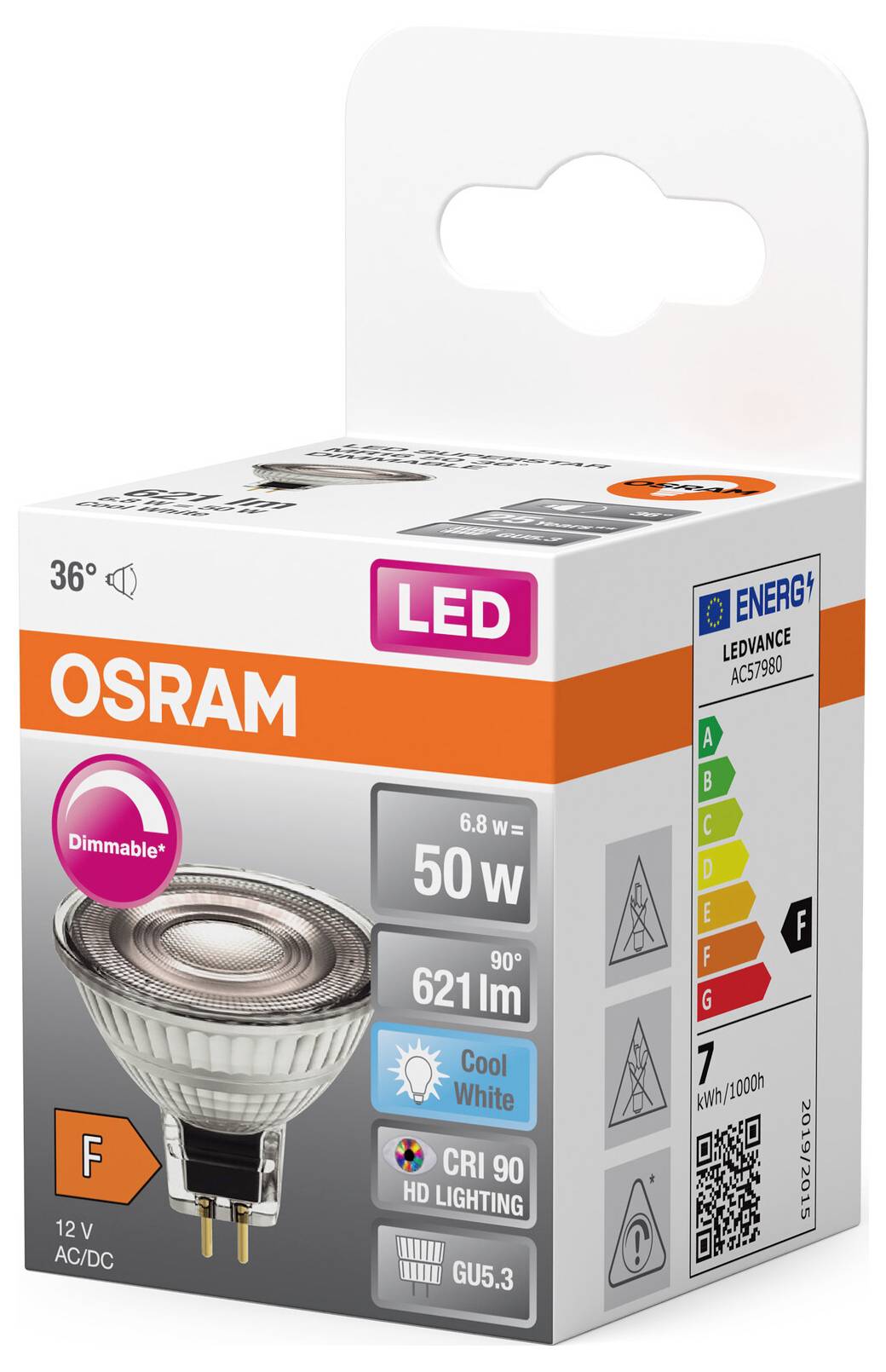 'Lampe halogène LED OSRAM, 6,8 W, 621 lumens, blanc froid, dimmable, classe énergétique F, douille GU5.3, 12 V AC/DC, angle de faisceau de 36°.'