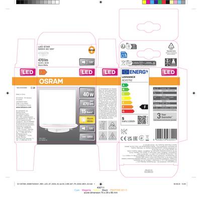 Emballage du produit d'une lampe LED de la marque Osram avec 470 lm, culot E27, remplacement 40W, lumière chaude, efficacité énergétique A++, durée de vie de 15 000 h.