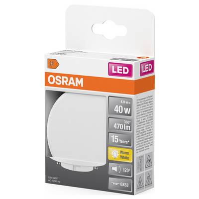 Lampe LED dans un emballage OSRAM, 40 watts, 470 lumens, angle de diffusion de 360°, lumière blanc chaud, durée de vie de 15 ans, classe énergétique F.