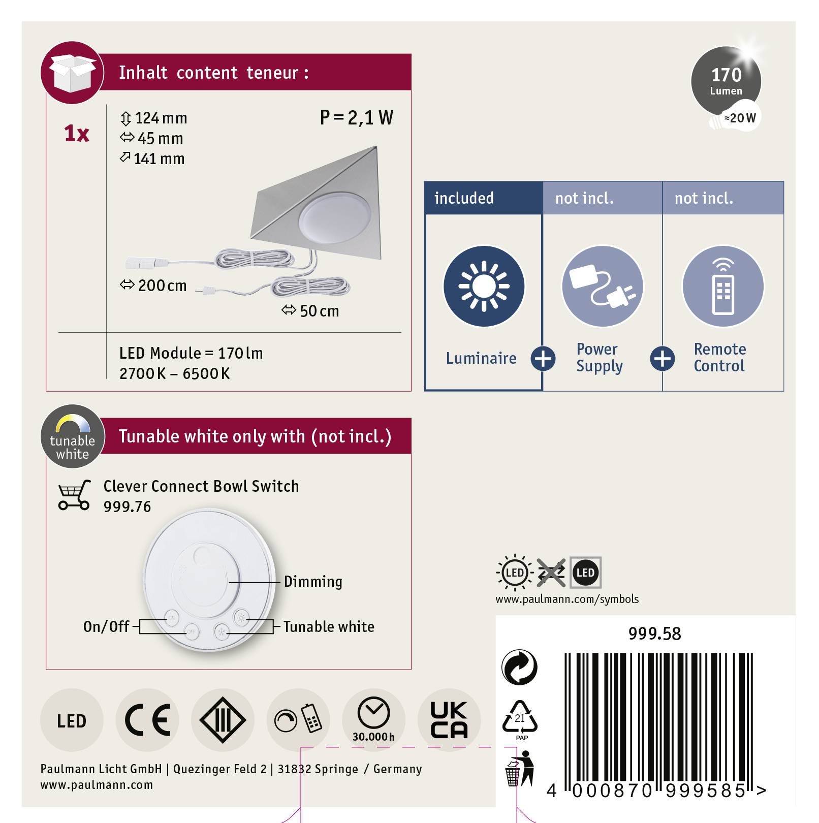 Module d'éclairage LED 'Paulmann Clever Connect Bowl Switch', 170lm, 2700K-6500K. Contenu : Luminaire LED, alimentation, télécommande. 999.58.