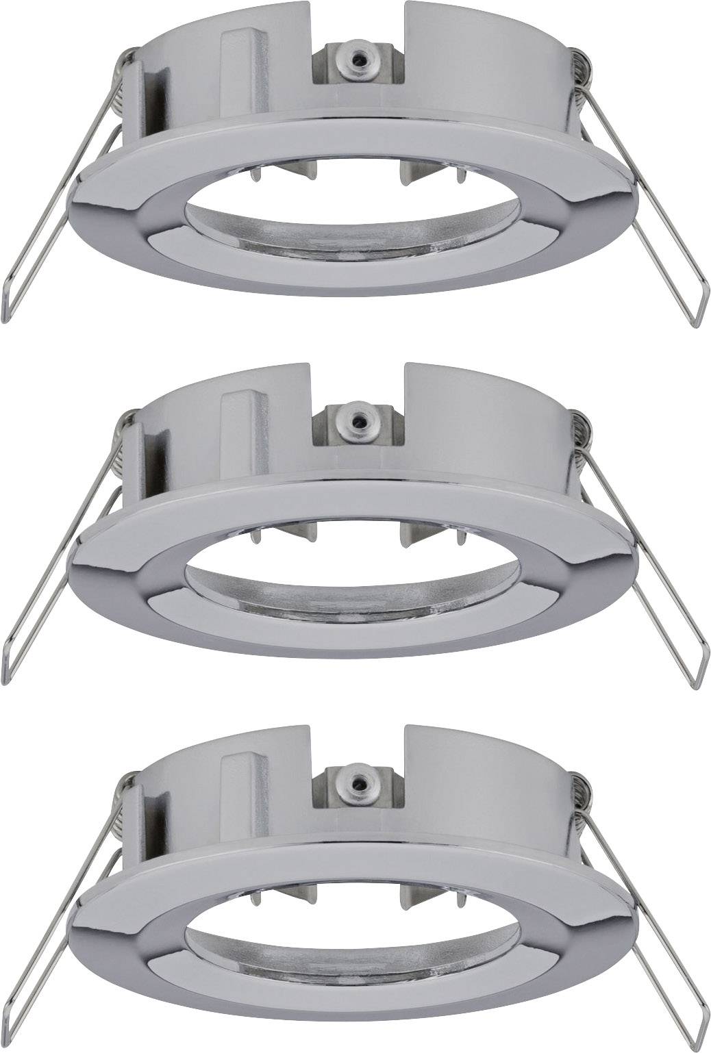 Trois cadres ronds en argent pour luminaires encastrés, chacun équipé de deux ressorts latéraux pour la fixation.