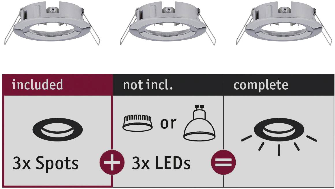 'Trois spots encastrables avec des indications : 3 spots sont inclus ; 3 LED ne sont pas incluses ; ensemble, ils forment des unités complètes.'
