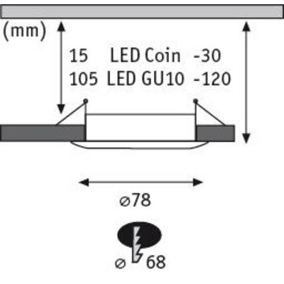 Hauteur d'encastrement en mm, avec dimensions : '15 LED Coin', '105 LED GU10'. Diamètre : 'ø78', découpe au plafond : 'ø68'. Symbole du degré de protection IP68.