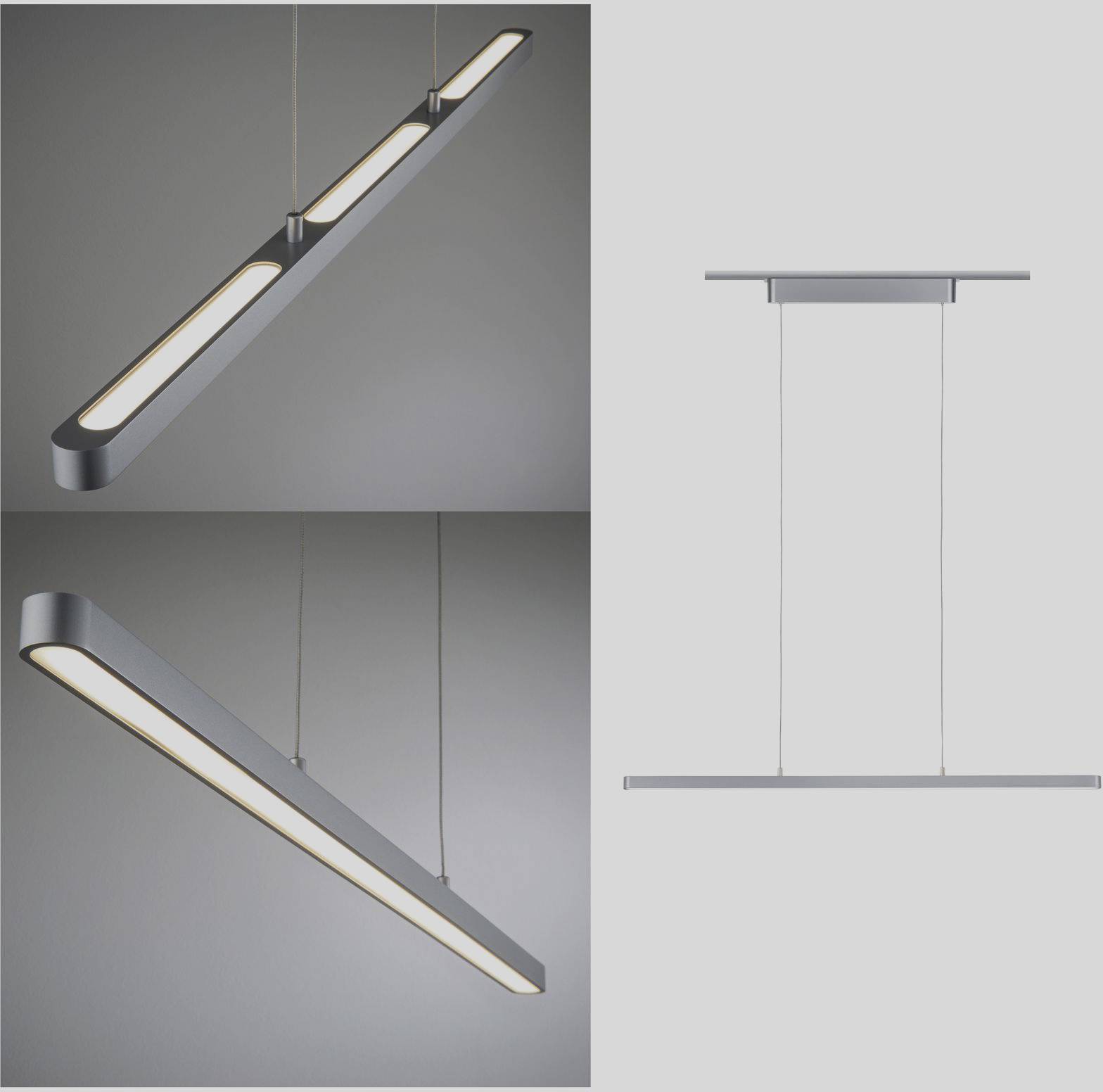 'Suspension lumineuse au design moderne à la forme rectangulaire élancée. Présentée sous trois angles différents.'