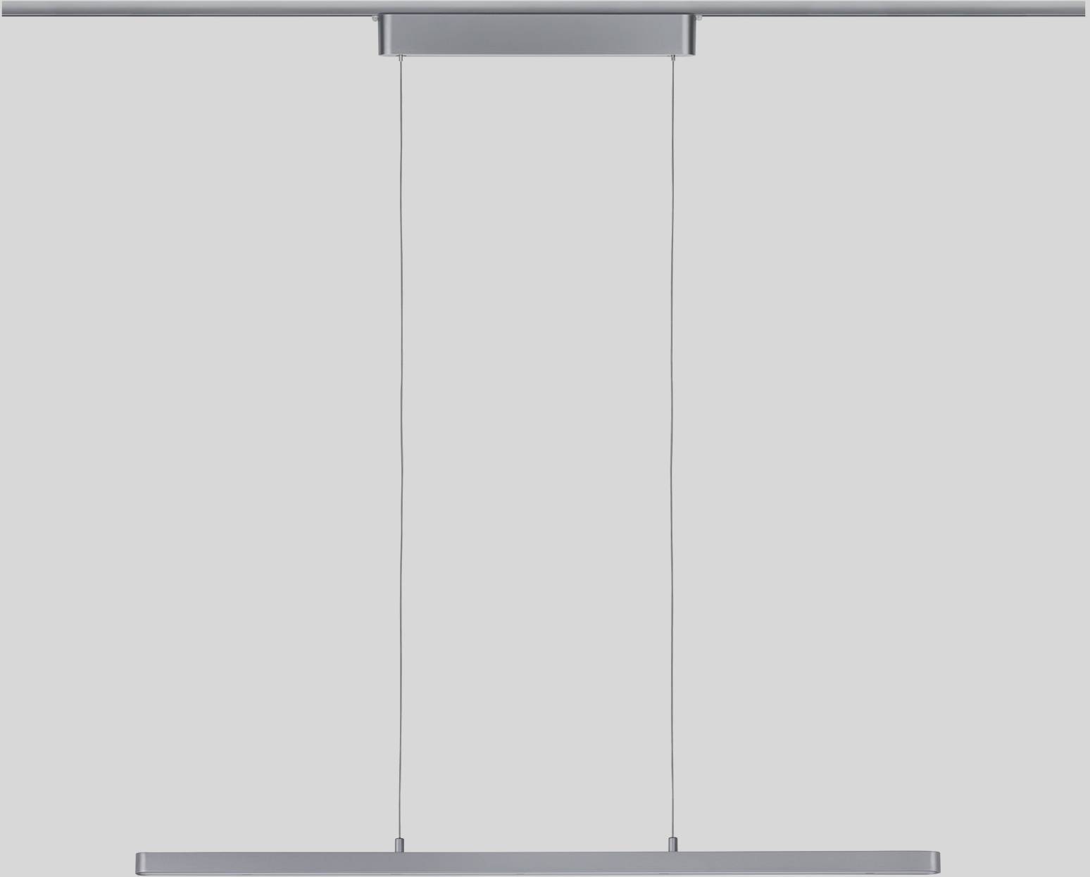 Suspension luminaire au design moderne et élancé, suspendue par deux câbles fins au plafond. Parfaite pour un intérieur minimaliste.