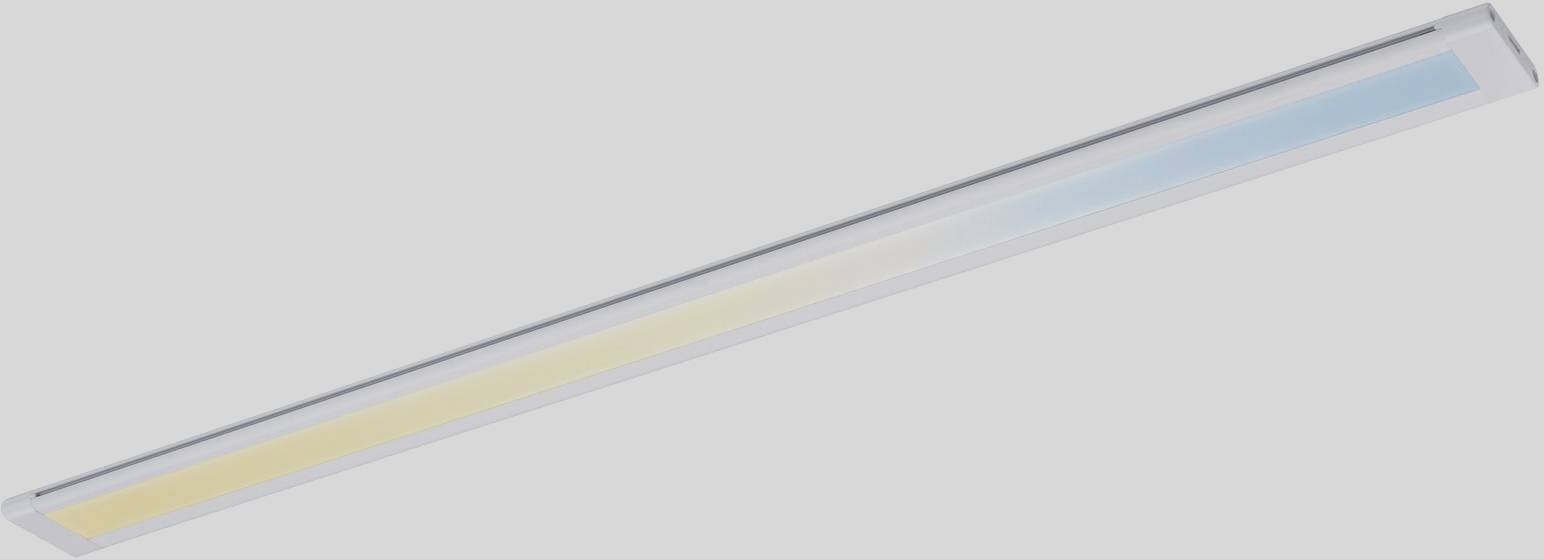 Luminaire LED rectangulaire allongé à double couleur ; un côté jaune, l'autre bleu.