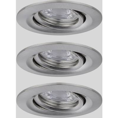 Trois spots encastrés circulaires chromés alignés sur un fond gris.