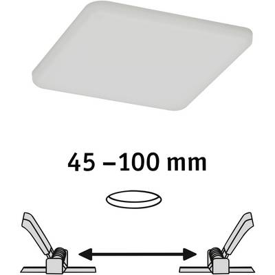 Élément de plafond LED carré, profondeur d'encastrement 45-100 mm, aide d'alignement avec flèches et dimensions pour une installation facile.