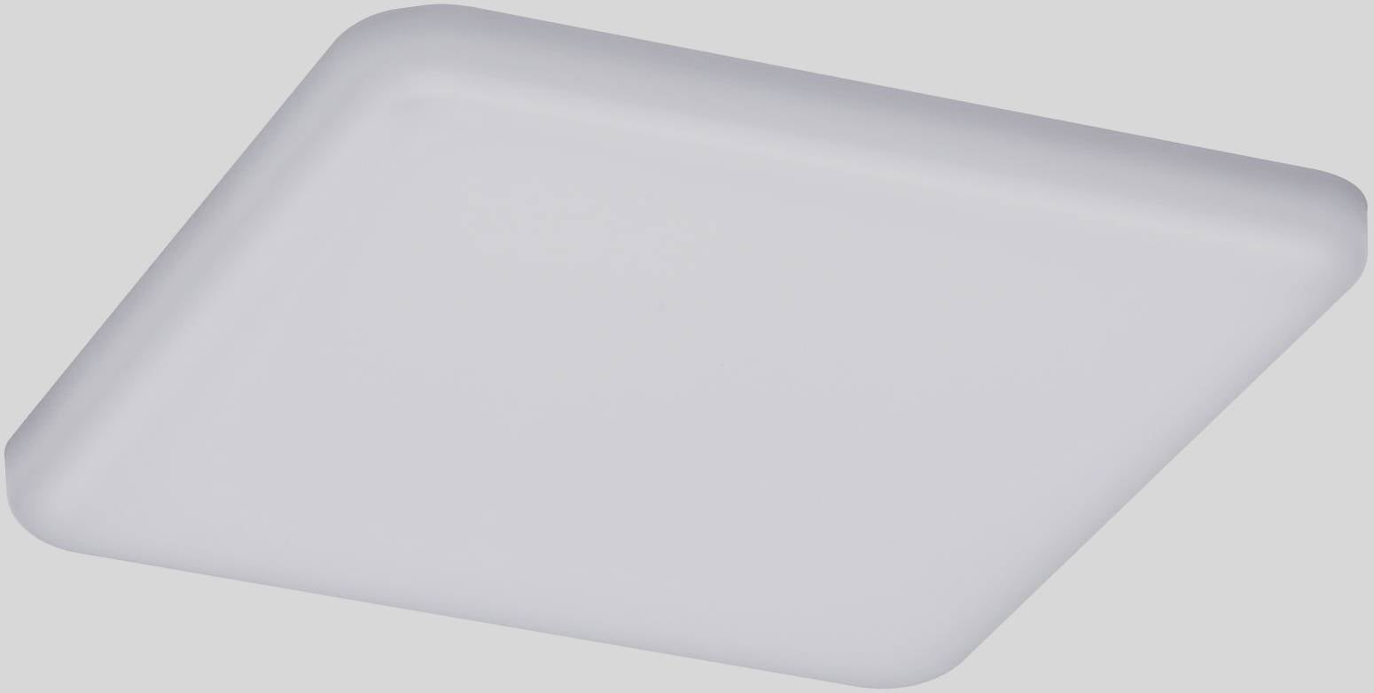 Un luminaire de plafond carré blanc aux coins arrondis sur un fond gris.
