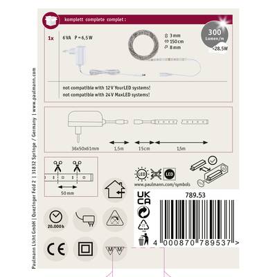 'Ensemble complet avec alimentation de 6VA, bande LED de 3m (séparable sur 1,5m), 300 lumens. Non compatible avec les systèmes 12V ou 24V.'