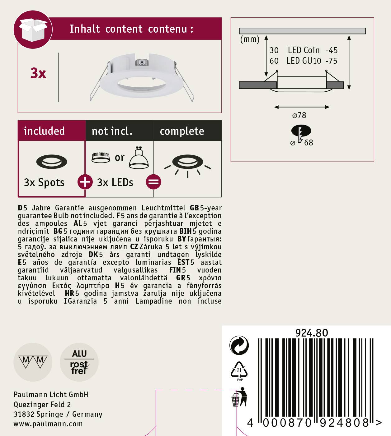 'Plafonnier LED : Kit de 3 spots, 3 LEDs incluses, non dimmables, garantie de 5 ans hors ampoules, tension 230V.'