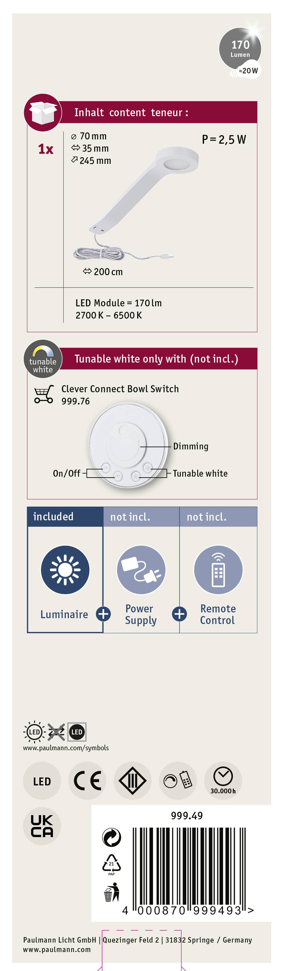 Emballage d'un kit de luminaire LED en saillie avec détails techniques : 370 lumens, 2,5 W, 2700 K à 6500 K. Comprend le module LED, câble de raccordement non inclus.