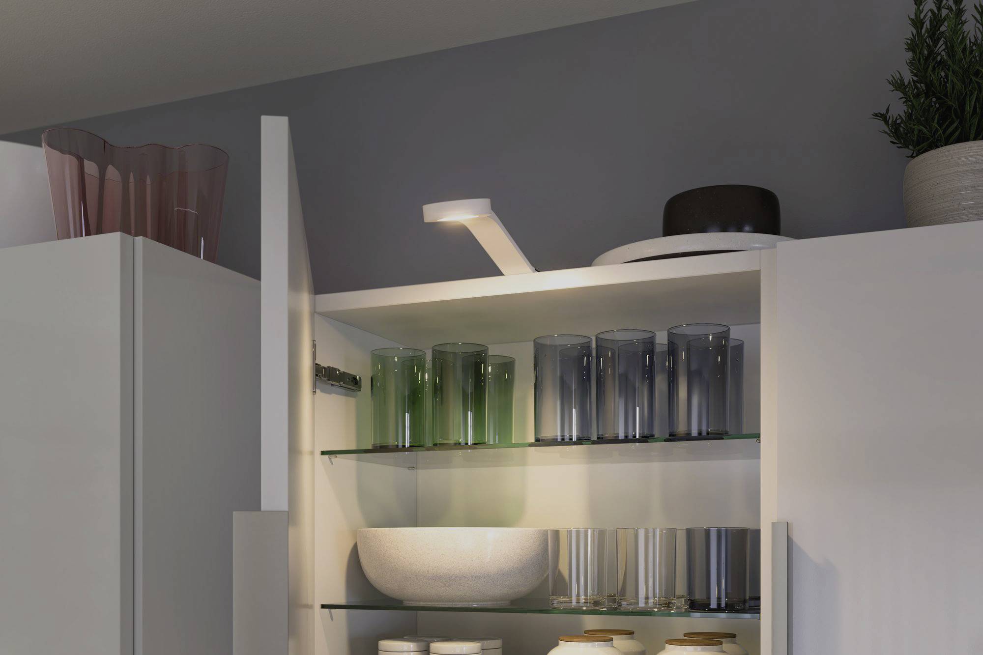 Un placard de cuisine ouvert avec plusieurs verres de différentes couleurs. En haut, deux bols sont visibles, ainsi qu'une plante et une lampe.