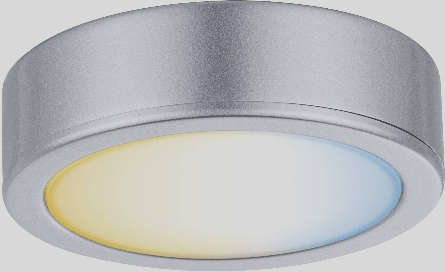 Plafonnier circulaire avec boîtier argenté offrant un éclairage blanc chaud et blanc froid, idéal pour les espaces intérieurs modernes.