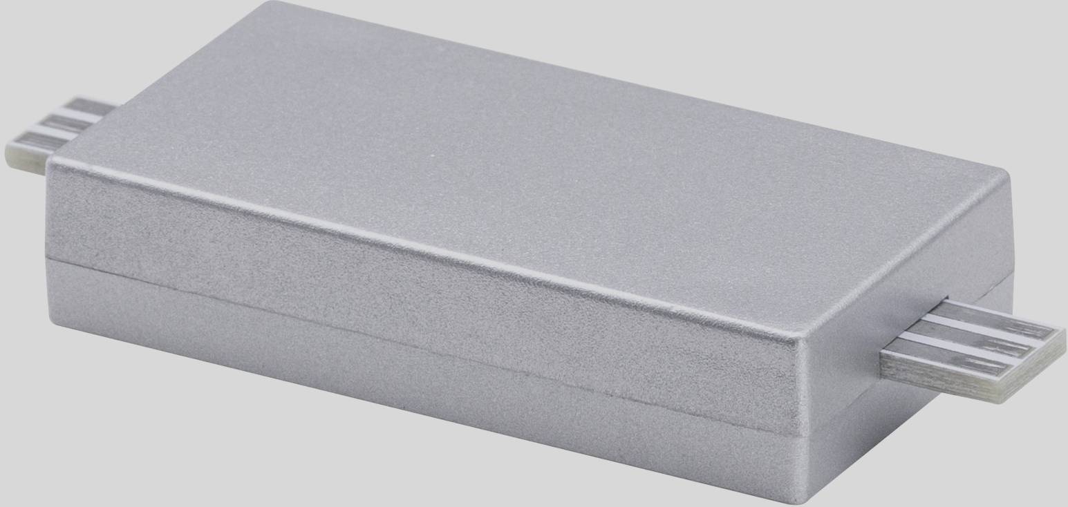 Boîtier gris, rectangulaire, à l'aspect métallique d'un composant électronique avec deux connexions latérales.