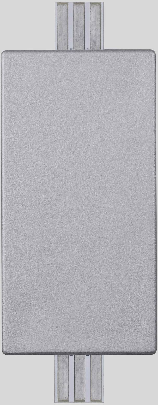 Couverture rectangulaire argentée avec deux rails verticaux en haut et en bas.