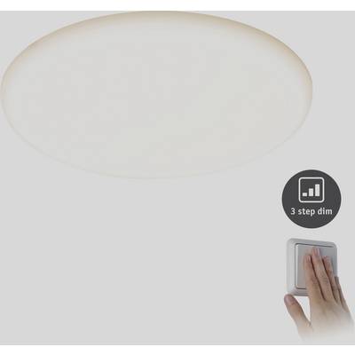 Un luminaire plafonnier rond est commandé par un interrupteur mural. L'interrupteur dispose d'une option de gradation en 3 étapes pour ajuster la luminosité.