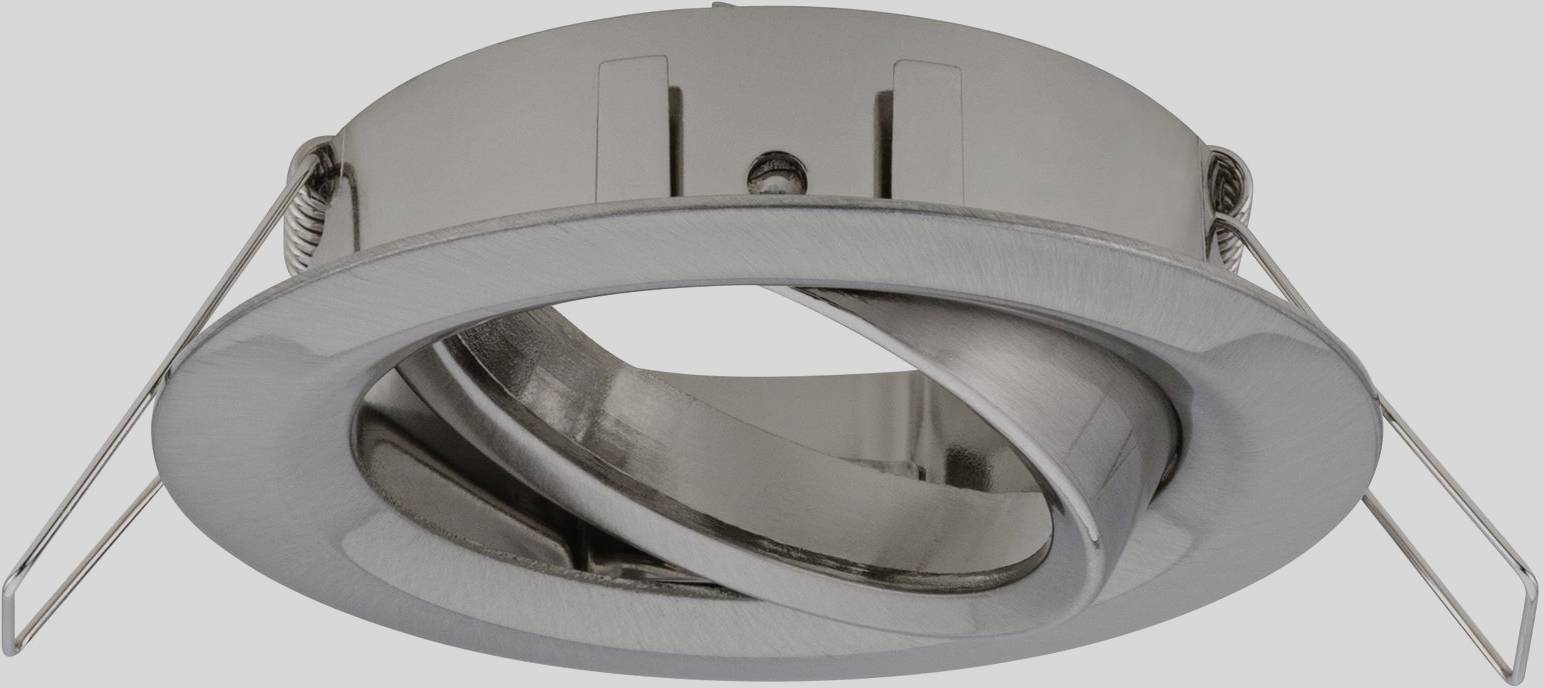 Un luminaire encastrable rond et argenté avec un anneau intérieur pivotant, adaptable au plafond. Il est doté de deux clips à ressort pour la fixation.