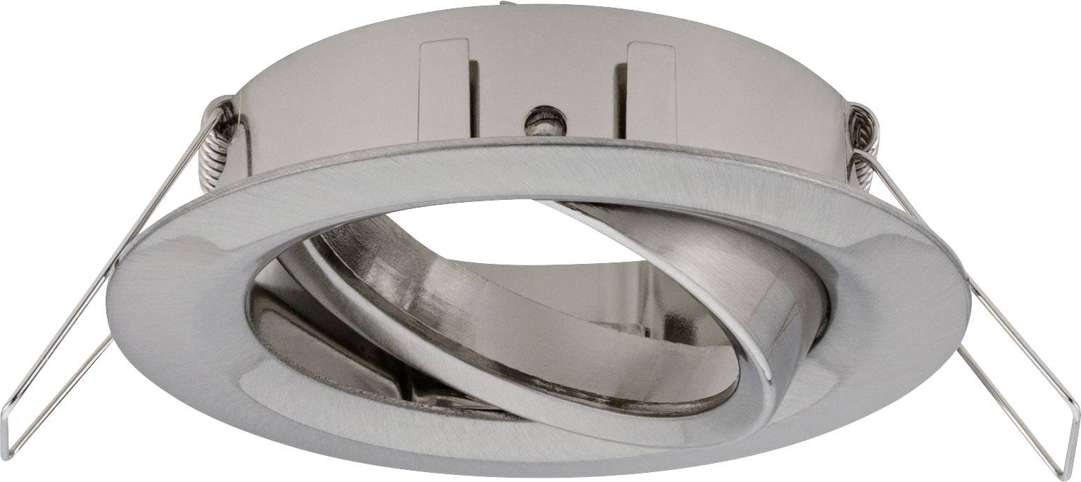 Spot encastrable rond en métal argenté avec anneau intérieur ajustable et deux ressorts de fixation au plafond.