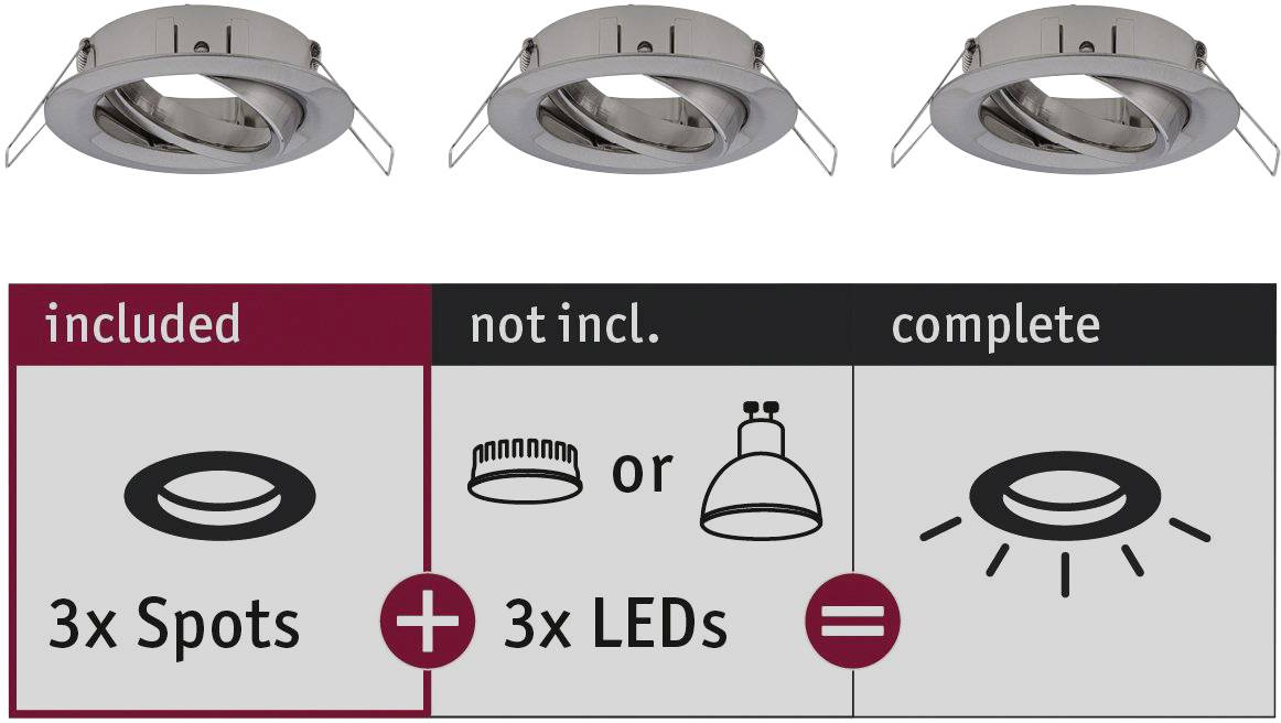 'Trois spots encastrables en métal. Remarque : Contient 3 spots, 3 LED non incluses. Complet avec LED assorties.'