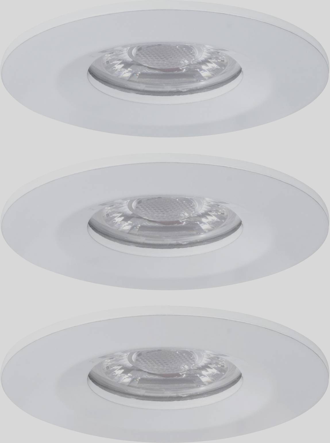 Trois spots encastrables LED ronds blancs avec des diffuseurs transparents, disposés verticalement. Adaptés aux intérieurs modernes et épurés.