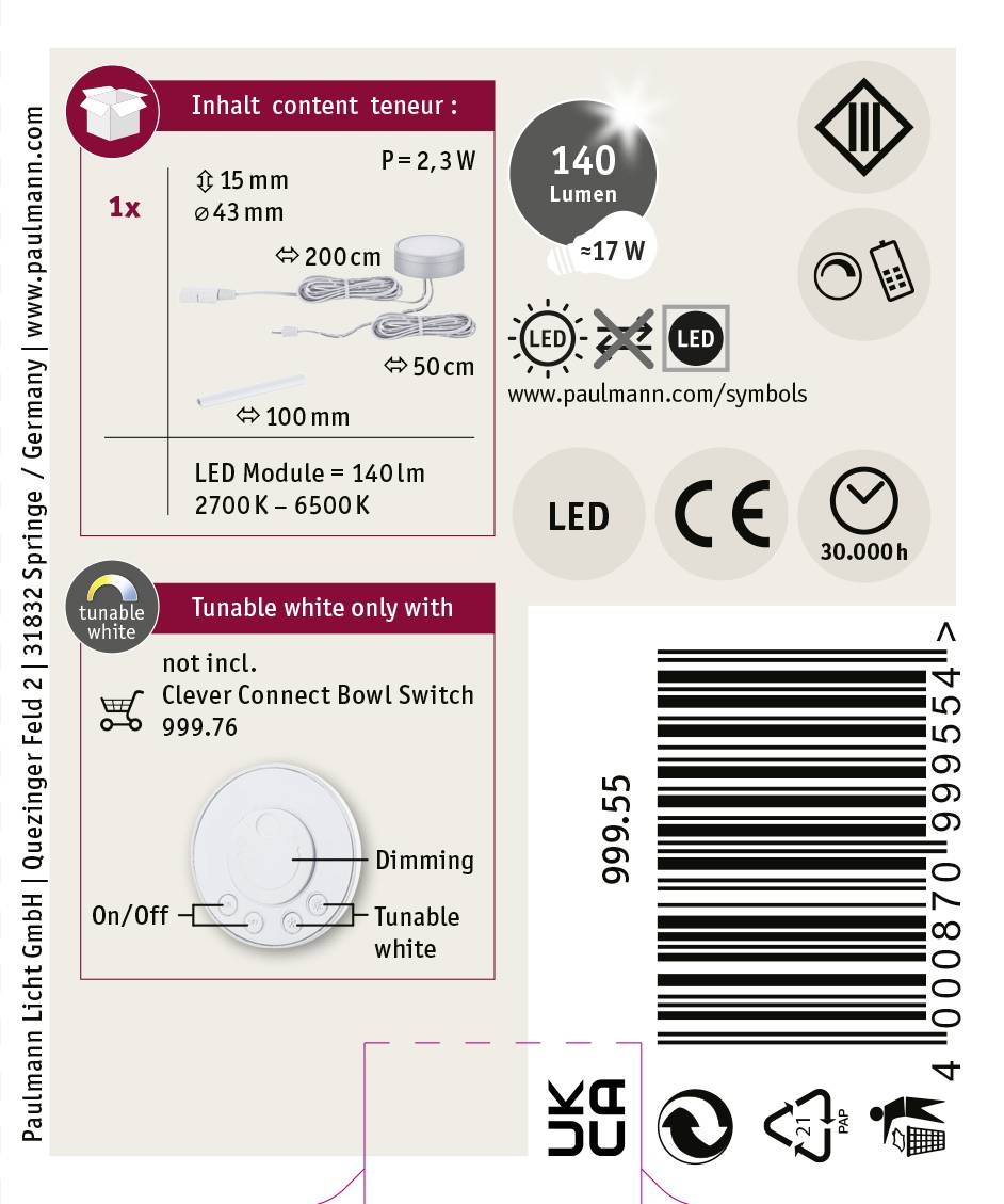 Emballage d'un module LED : 140 lumens, 2700K-6500K, Ø43mm, 2,3W. Comprend un schéma de câblage. Indications de lumière blanche contrôlable.