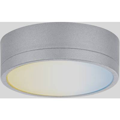 Un plafonnier rond dans un boîtier argenté avec un éclairage chaud et froid.