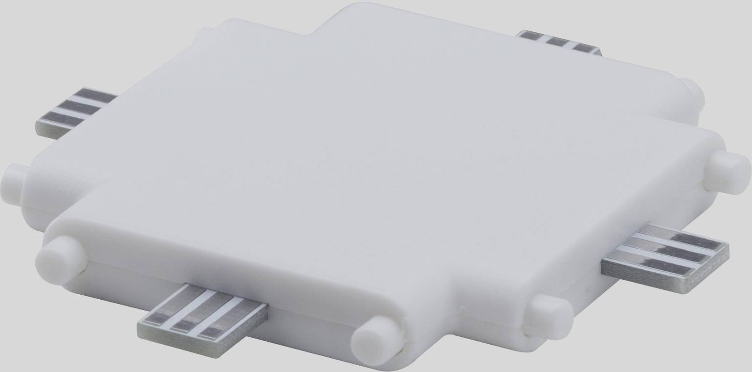 Un composant électronique rectangulaire blanc avec quatre contacts métalliques sur les côtés, probablement une puce ou un module.