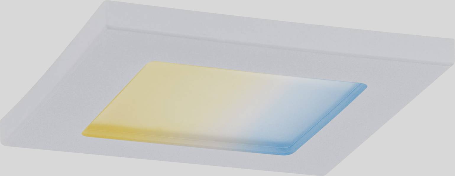 Plafonnier LED carré à double champ lumineux jaune et bleu, installé sur un plafond blanc.