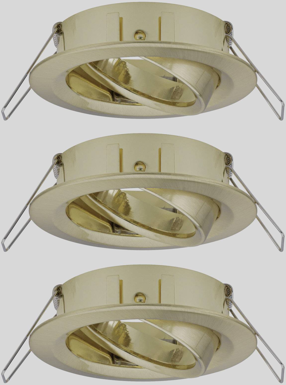 Trois spots encastrables dorés avec anneau intérieur orientable, adaptés à une installation au plafond dans un style design moderne.