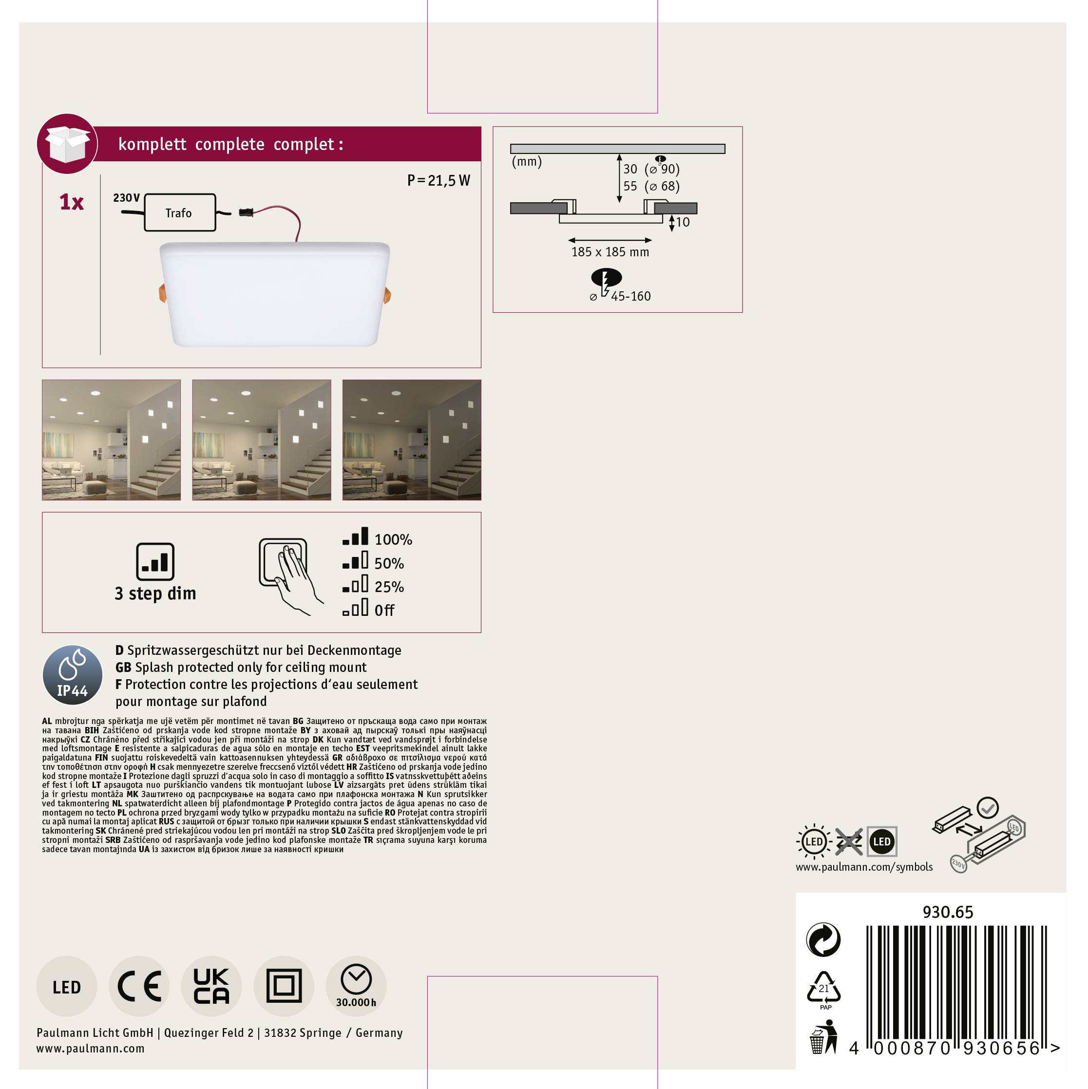 Emballage pour un plafonnier LED. Présente l'image du produit, les dimensions, les caractéristiques techniques (21,5 W), le degré de protection IP44 et les instructions d'installation.