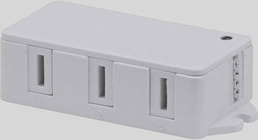 Barrette multiprise blanche rectangulaire à trois prises, numérotées de 1 à 3, équipée d'un témoin lumineux vert.