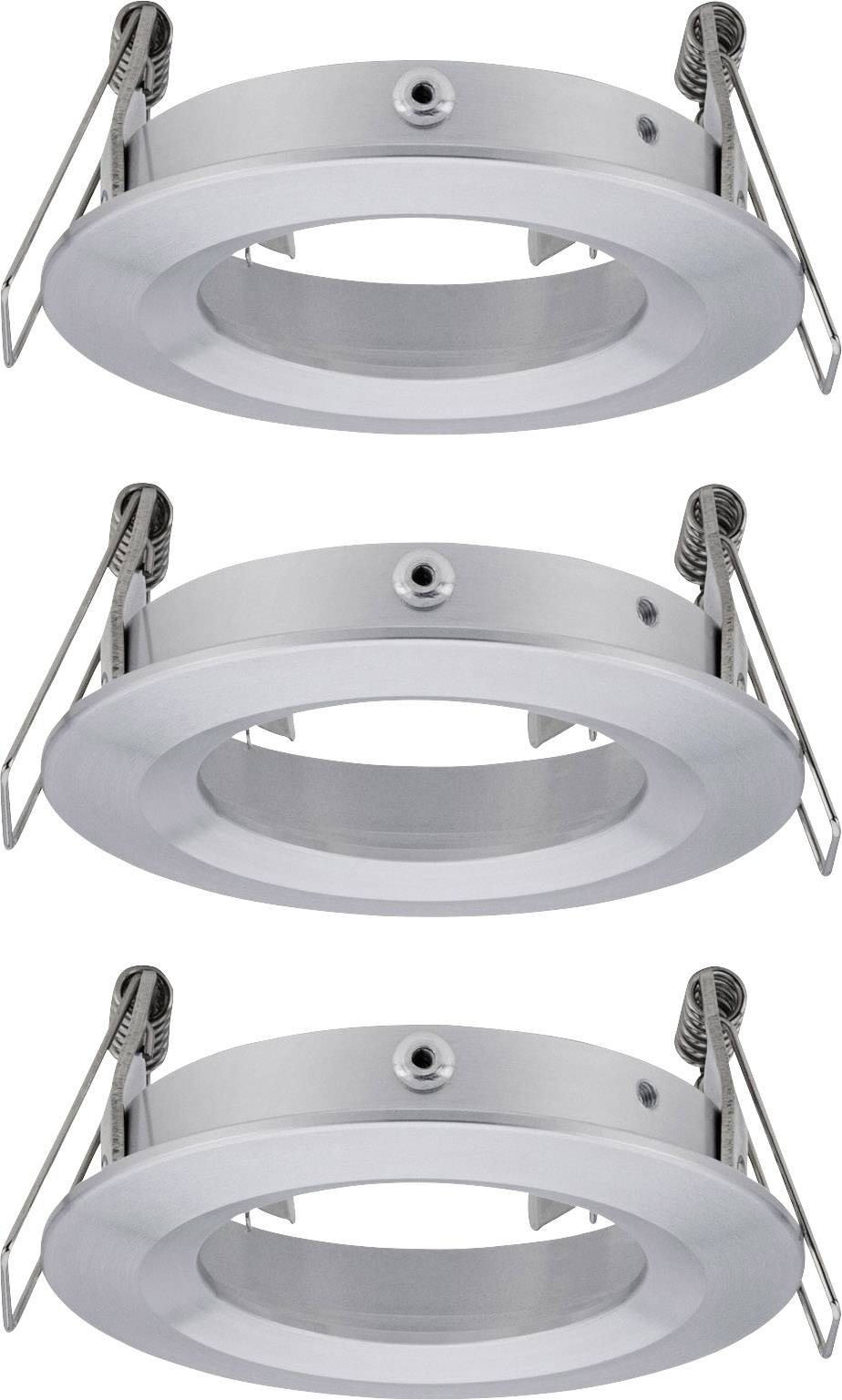 Trois spots encastrables ronds en argent, munis de clips de fixation pour un montage au plafond.