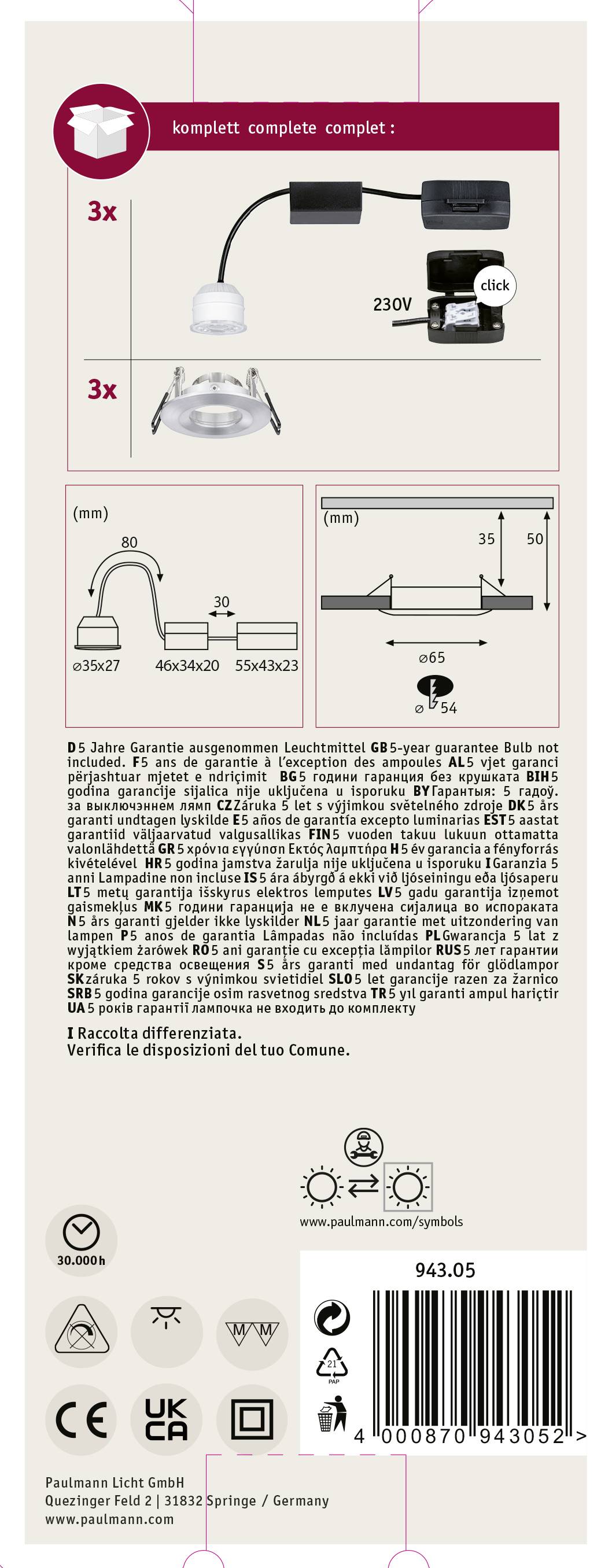 Emballage de produit pour un luminaire triple de 230V, présentant une image de la lampe, un guide de montage, des caractéristiques techniques et les informations du fabricant.