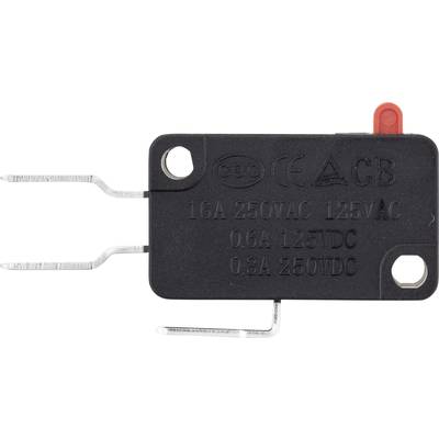 Un micro-interrupteur noir avec des bornes métalliques et des touches rouges. Inscription '16A 250VAC 125VAC, 0,6A 125VDC, 0,3A 250VDC'.