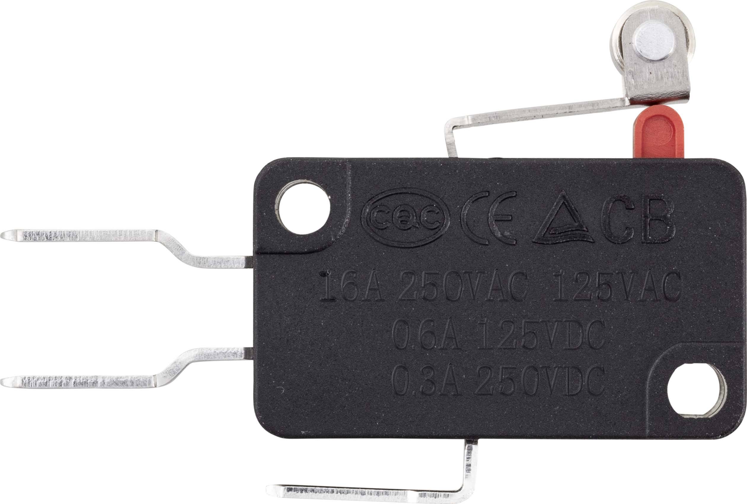 Un micro-interrupteur noir avec des contacts métalliques et des inscriptions pour des spécifications électriques, comprenant 16A 250VAC et le marquage CE.