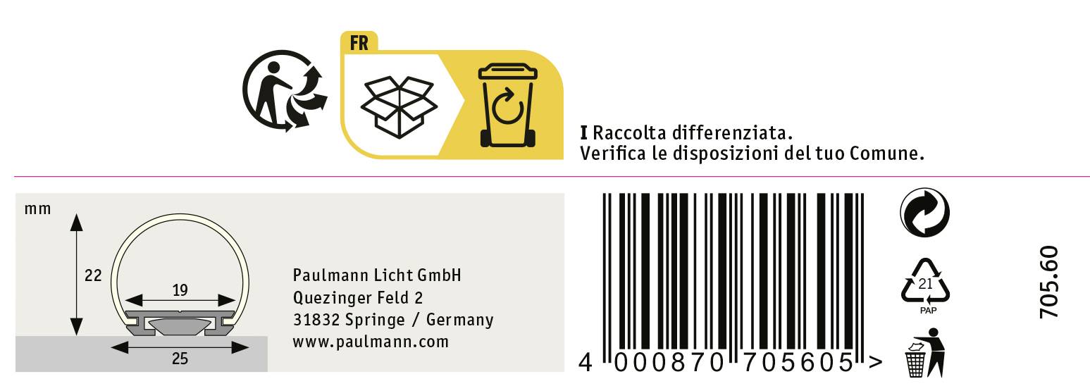 Un emballage avec des symboles de recyclage et un code-barres. Indique les dimensions en millimètres : diamètre 25, hauteur 22. Fabricant : Paulmann Licht GmbH.