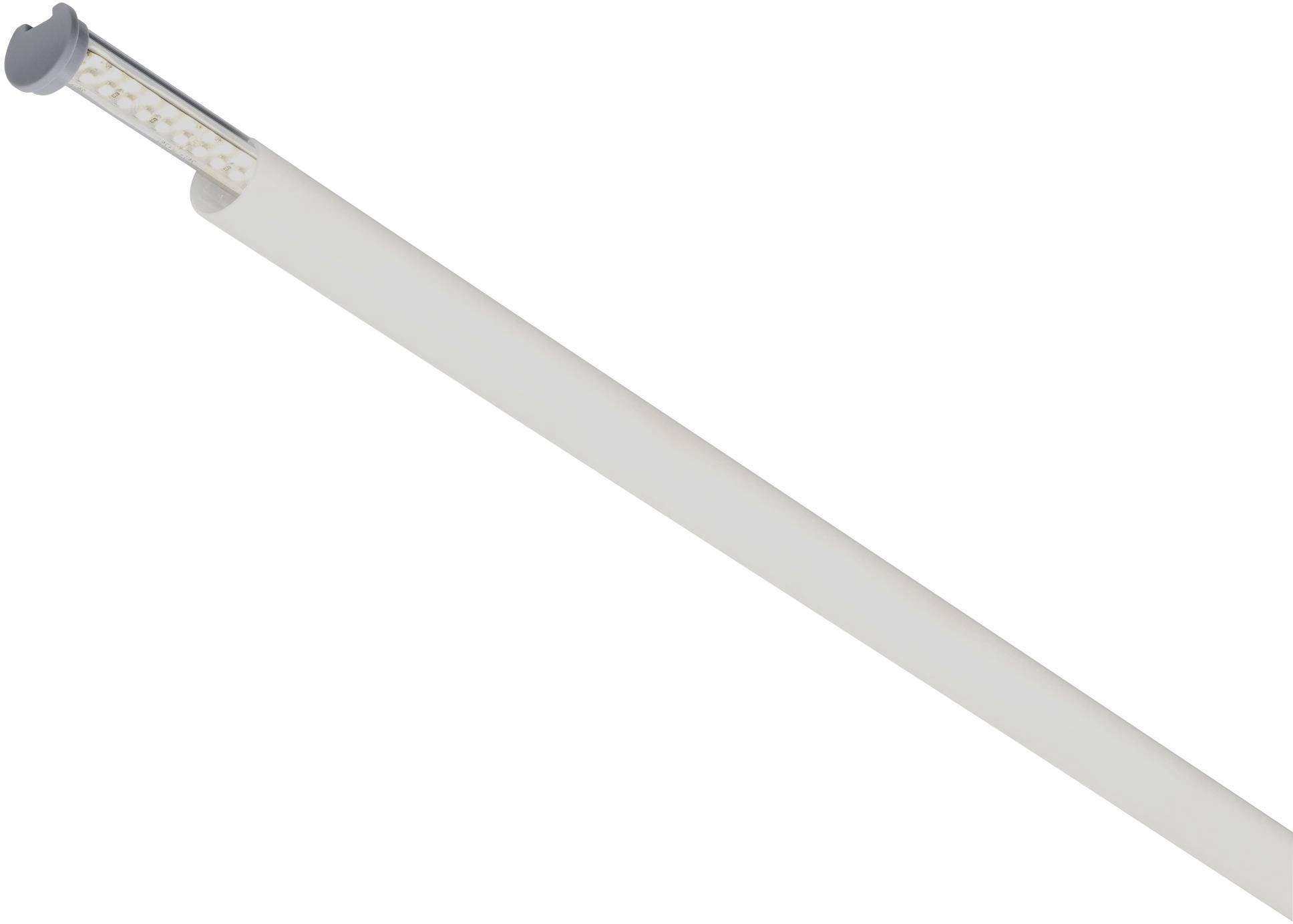 Lampe LED tubulaire blanche, avec des diodes LED visibles sur un côté.