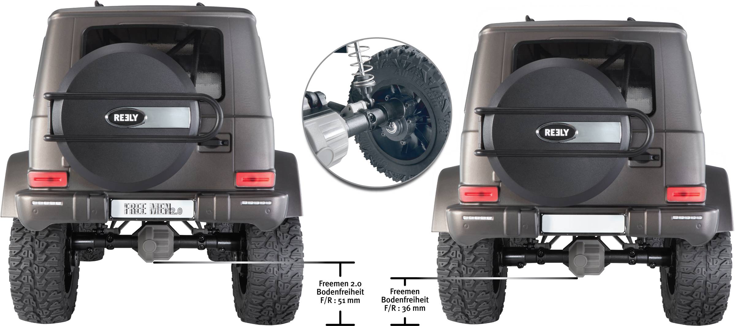 Deux images d'un arrière de Jeep. À gauche : Freespacers 2,0 / Garde au sol : Fr 1,5 mm. À droite : Freespacers 1,75 / Garde au sol : Fr 3,0 mm.