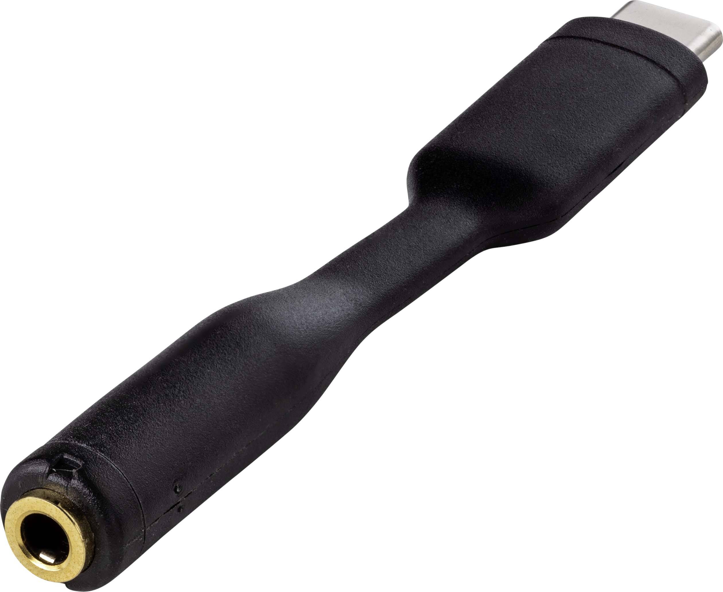 Adaptateur noir avec une fiche USB-C à une extrémité et une prise jack de 3,5 mm à l'autre extrémité pour les appareils audio.