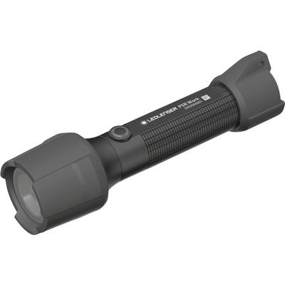 Lampe torche LED noire avec poignée texturée et tête d'éclairage large, sur laquelle est inscrit 'LEDLENSER P5R Work'.