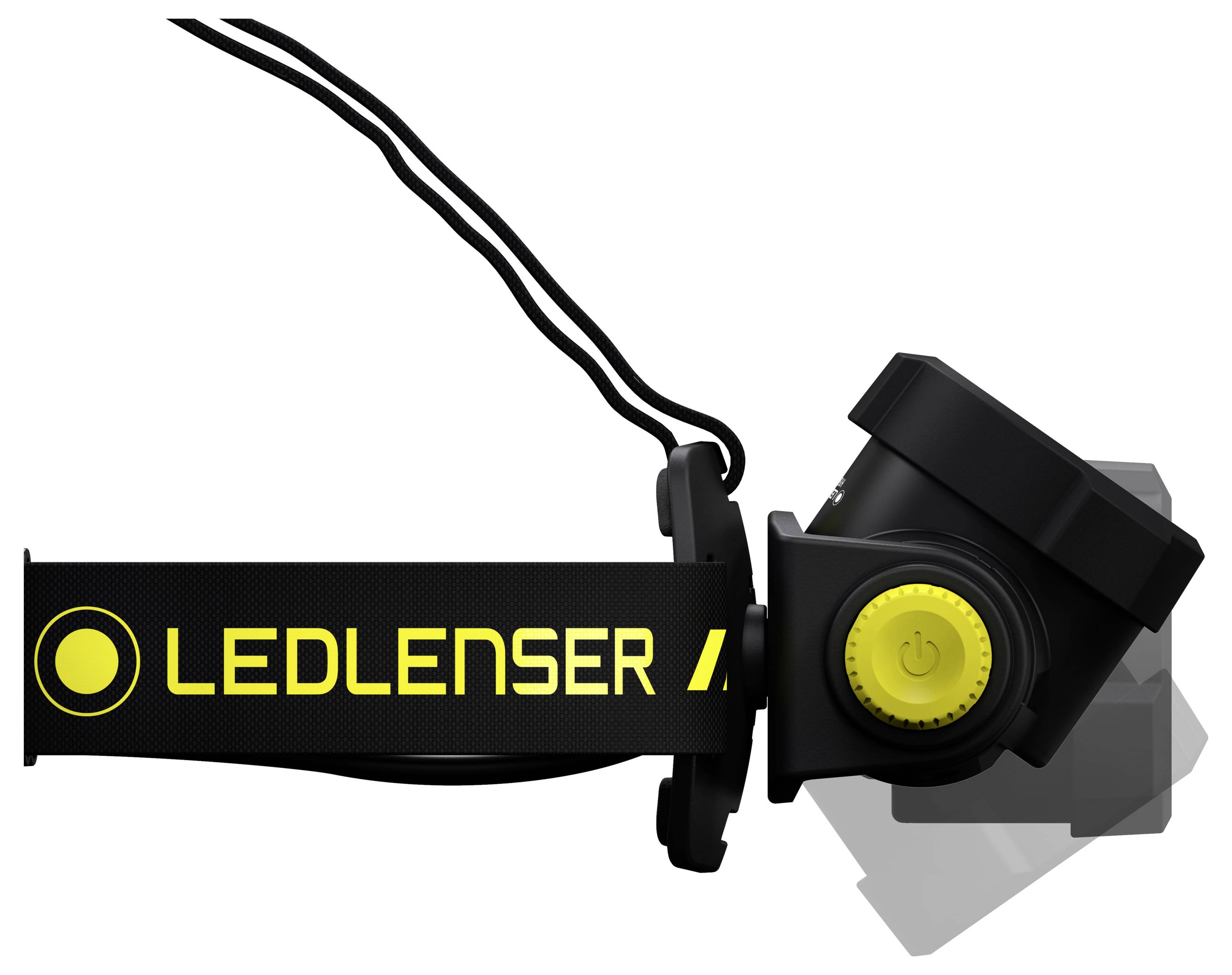 Lampe frontale LEDLENSER en noir avec des touches jaunes, vue de côté.