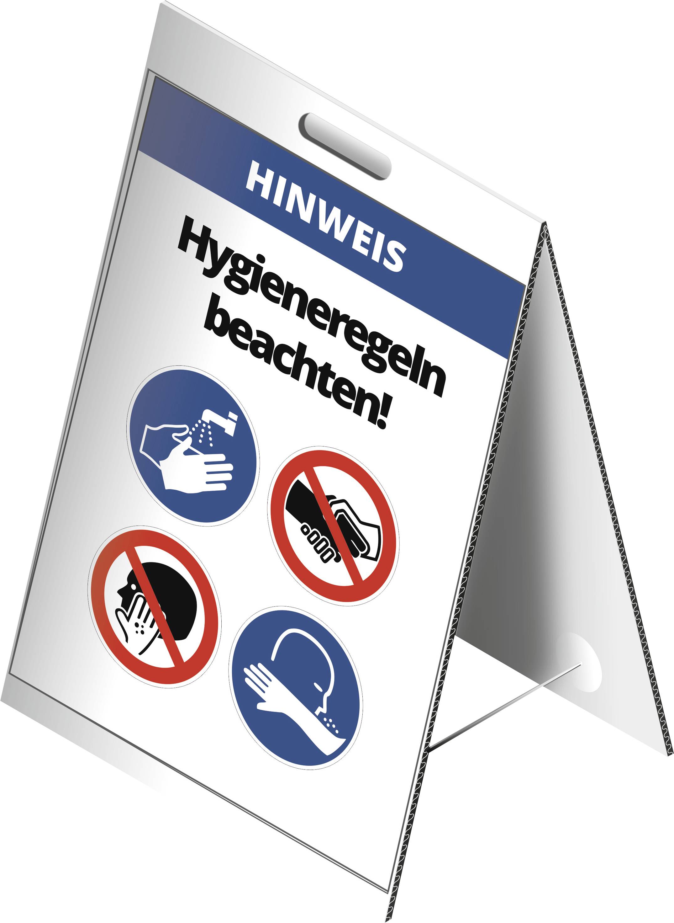 Panneau indicatif avec des symboles rappelant les règles d'hygiène : se laver les mains et pas de poignée de main.